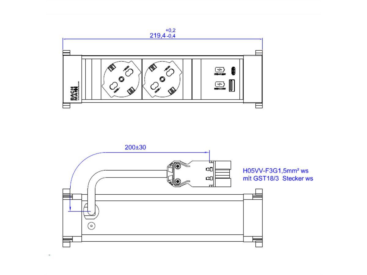 BACHMANN POWER FRAME 2xP40 1xUSB A/C 22W 0,2m GST18