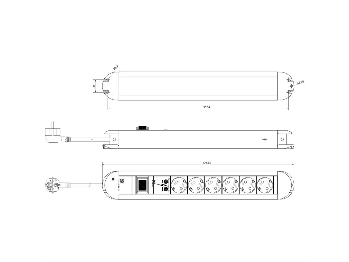BACHMANN PRIMO Steckdosenleiste, 6x Schutzkontakt, Überspannungsschutz, Aluminium, Schalter, 1,75 m