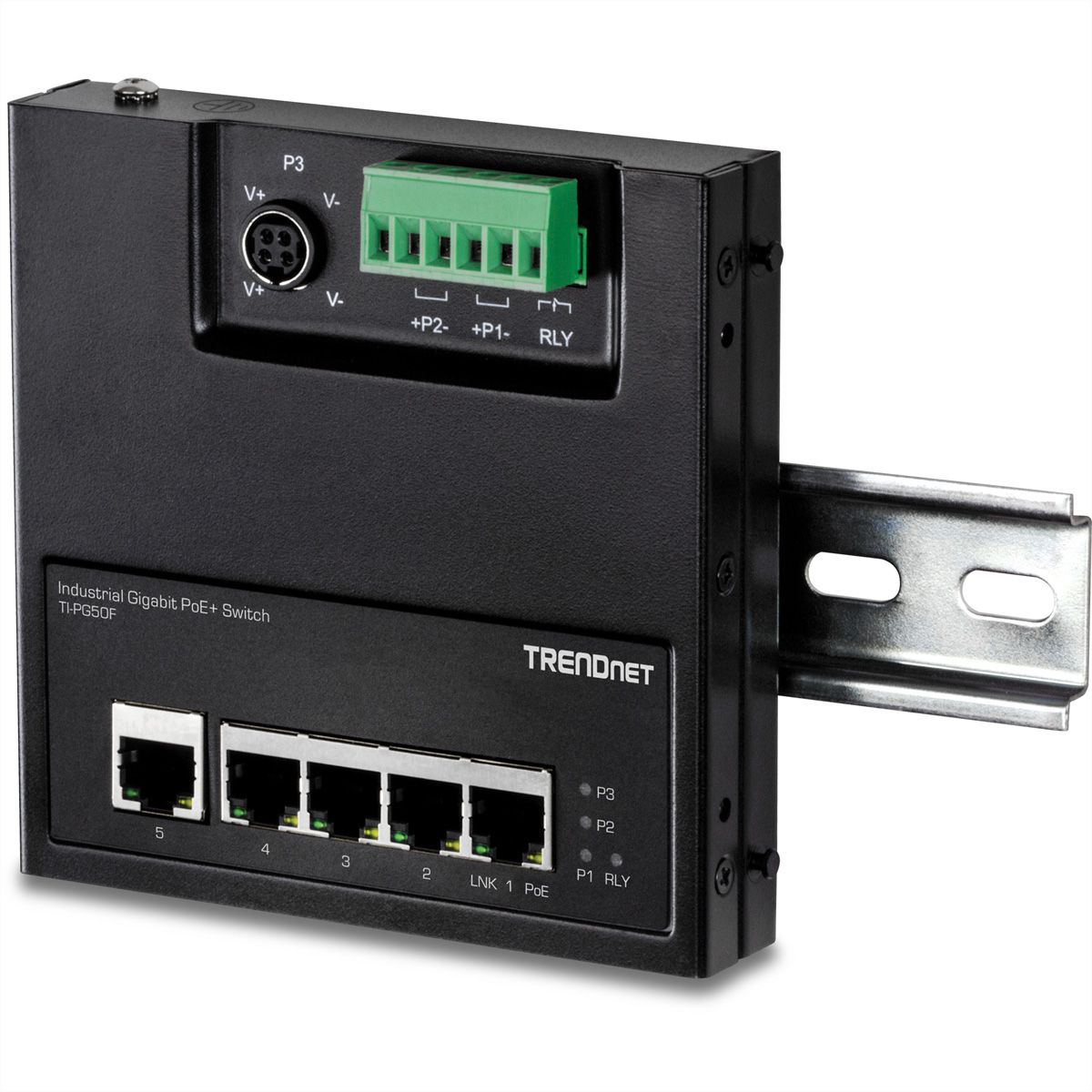 TRENDnet TI-PG50F 5-Port Industrial PoE+ Gigabit Front Access Switch, wandmontierbar