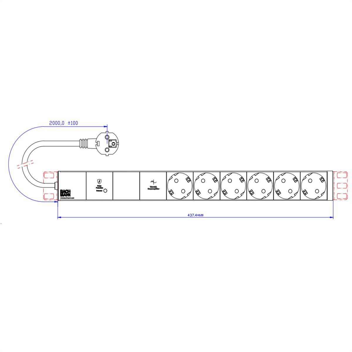 BACHMANN 19" 1HE VM 6xCEE7/3 1xGVS-Plus 2,0m CEE7/7