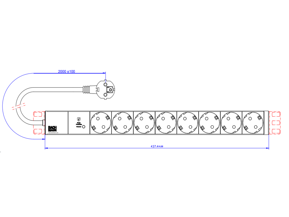 BACHMANN 19" 1HE 8xCEE7/3 sw 1xSPD-Plus 2,0m CEE7/7