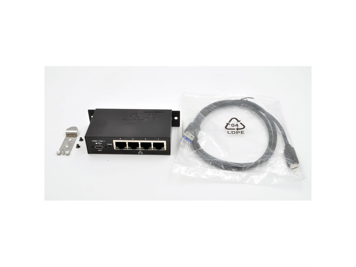 EXSYS EX-1330M USB 3.0/3.1 Gen1 zu 4 x Ethernet 1Gigabit Din-Rail