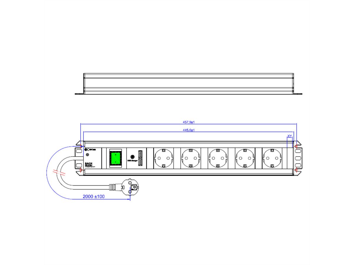 BACHMANN Handwerkerleiste, 5x Schutzkontakt, Schalter, 2x USB-Charger, 19-Zoll-Rack kompatibel, 2 m