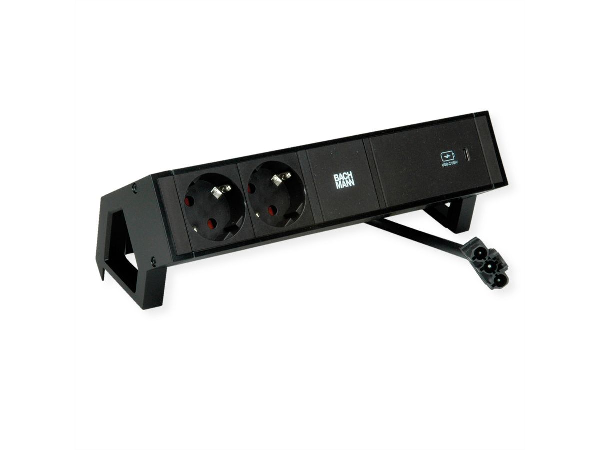 BACHMANN DESK2 2xSchutzkontakt USB C, USB Charger 60W 0,2m GST18 Schwarz