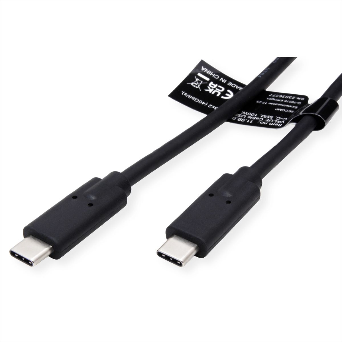 VALUE USB4 Gen3x2 Kabel, C–C, ST/ST, 8K UHD-2, 40Gbit/s, 100W, schwarz, 0,8 m