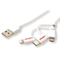 ROLINE USB 2.0 Sync- & Ladekabel, USB-A - USB-C / 8-Pin / USB MicroB, weiß, 1 m