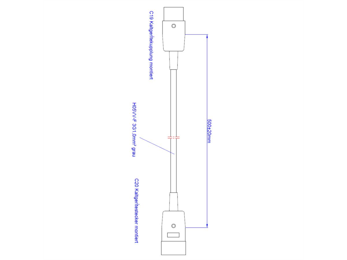 BACHMANN Verlängerung H05VV-F3G1,5,grau, C20-Kaltgeräte-Stecker C19-Kaltgerätesteckdose 0,5m