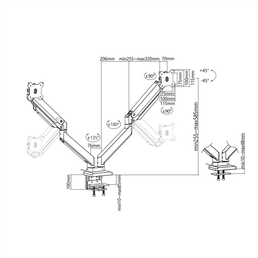 ROLINE LCD-Doppelarm, Tischmontage, Gasfeder, 2x 5 Gelenke, bis 35 Zoll, bis 2x 15 kg