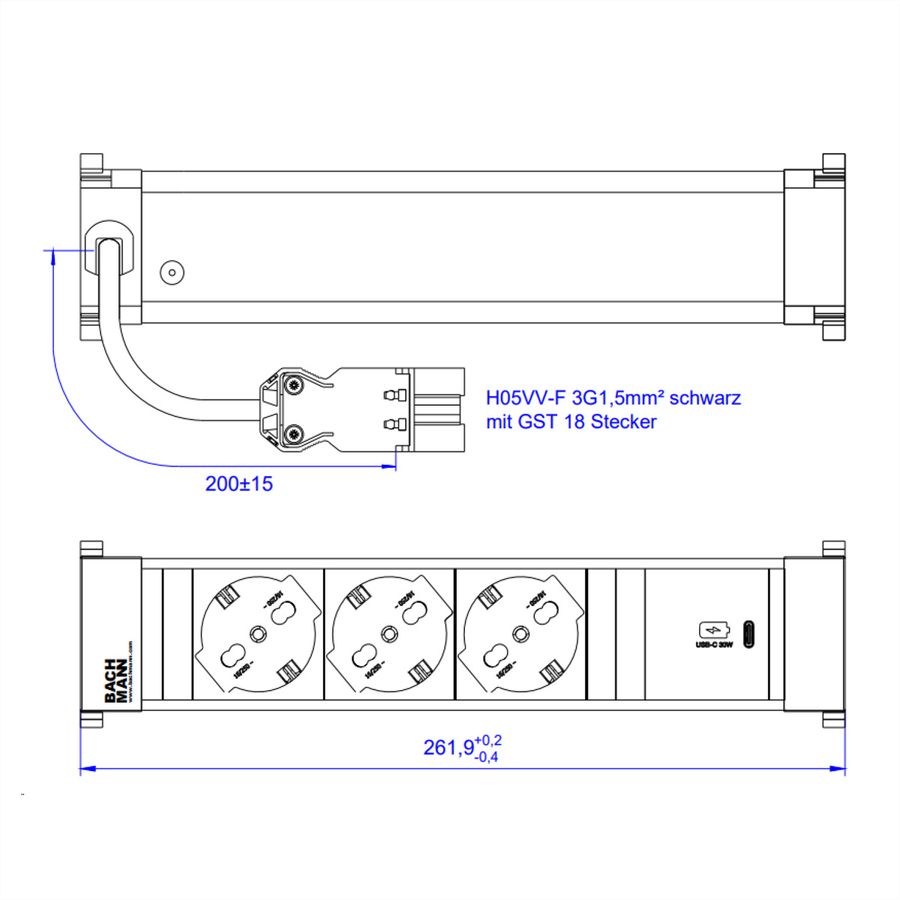 BACHMANN POWER FRAME M 3xP40, 1xUSB C 30W 0,2m GST18 Italia