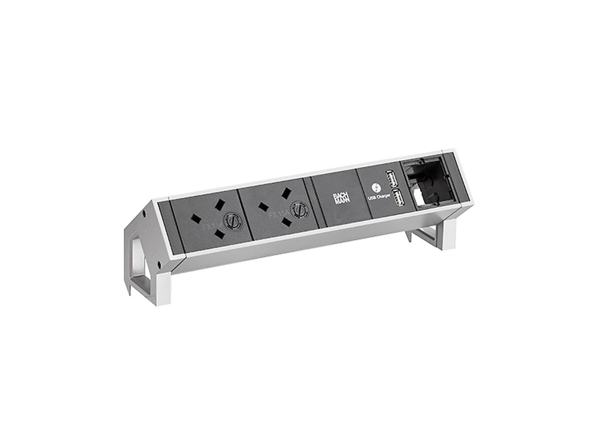 BACHMANN DESK2 2xUK 3,15A USB Charger, 1xCM Strom0,2m GST18 Inox United Kingdom