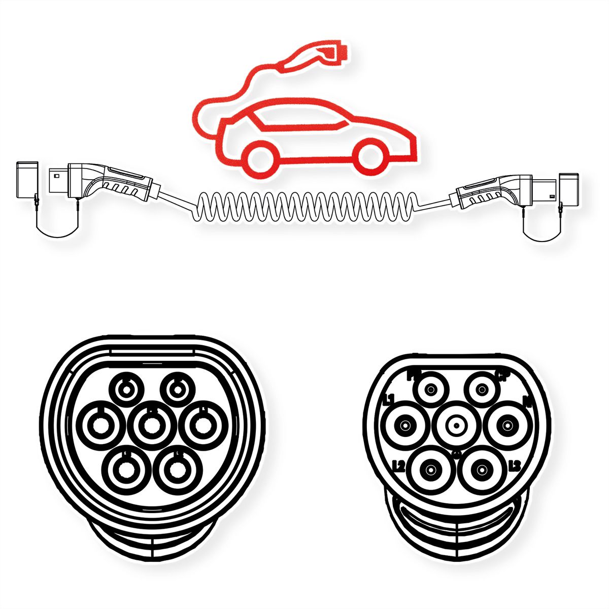 ROLINE E-Auto Spiral-Ladekabel Typ2, 1-phasig, 250VAC (1P+N+E), 32 A, 7,4 kW, max. 2m