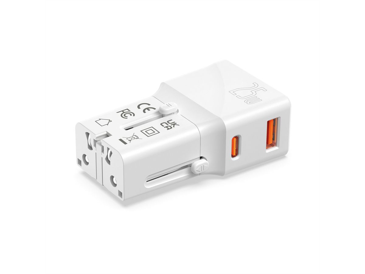 VALUE USB Reise-Charger mit Euro-Flach-/UK-/US-Stecker, 2 Port (Typ-A QC3.0, Typ-C PD), 25W
