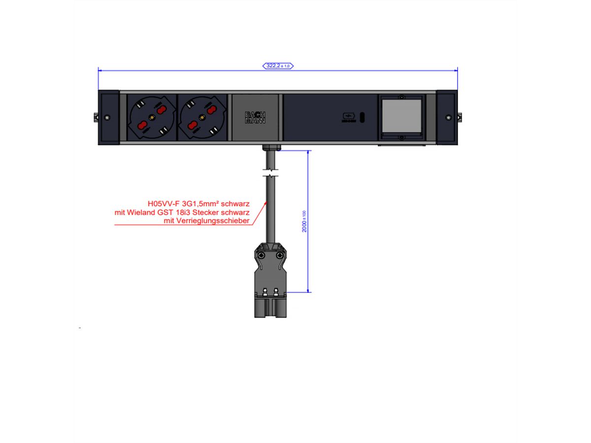 BACHMANN DESK RAIL 2xP40 1xUSB C 60W, 1xCM 2,0m GST18 Italia