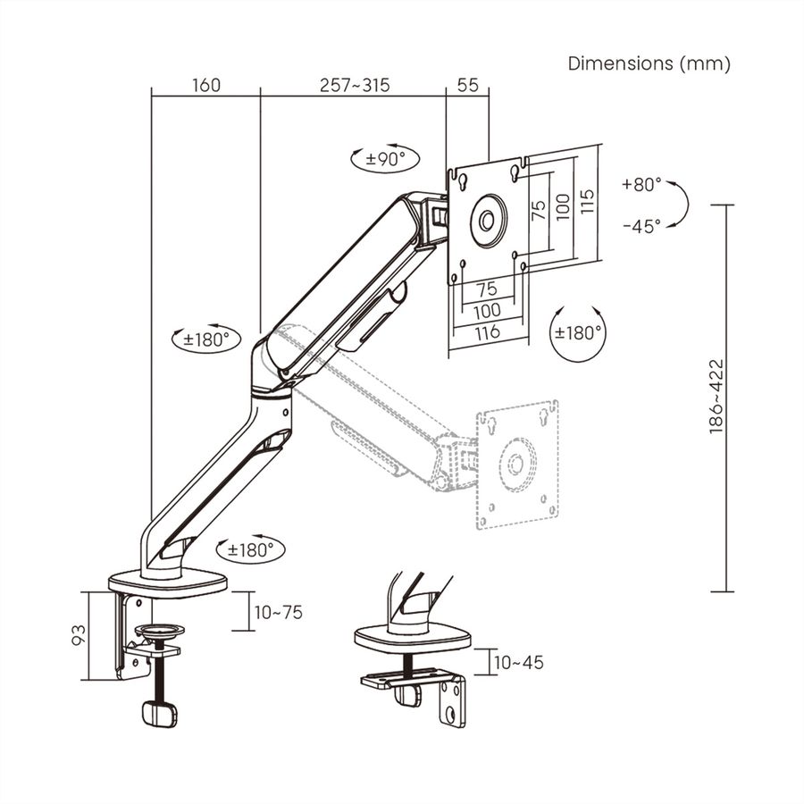 STANDARD Monitorarm, Mechanische Feder, 17–32 Zoll, max. 10 kg, schwarz