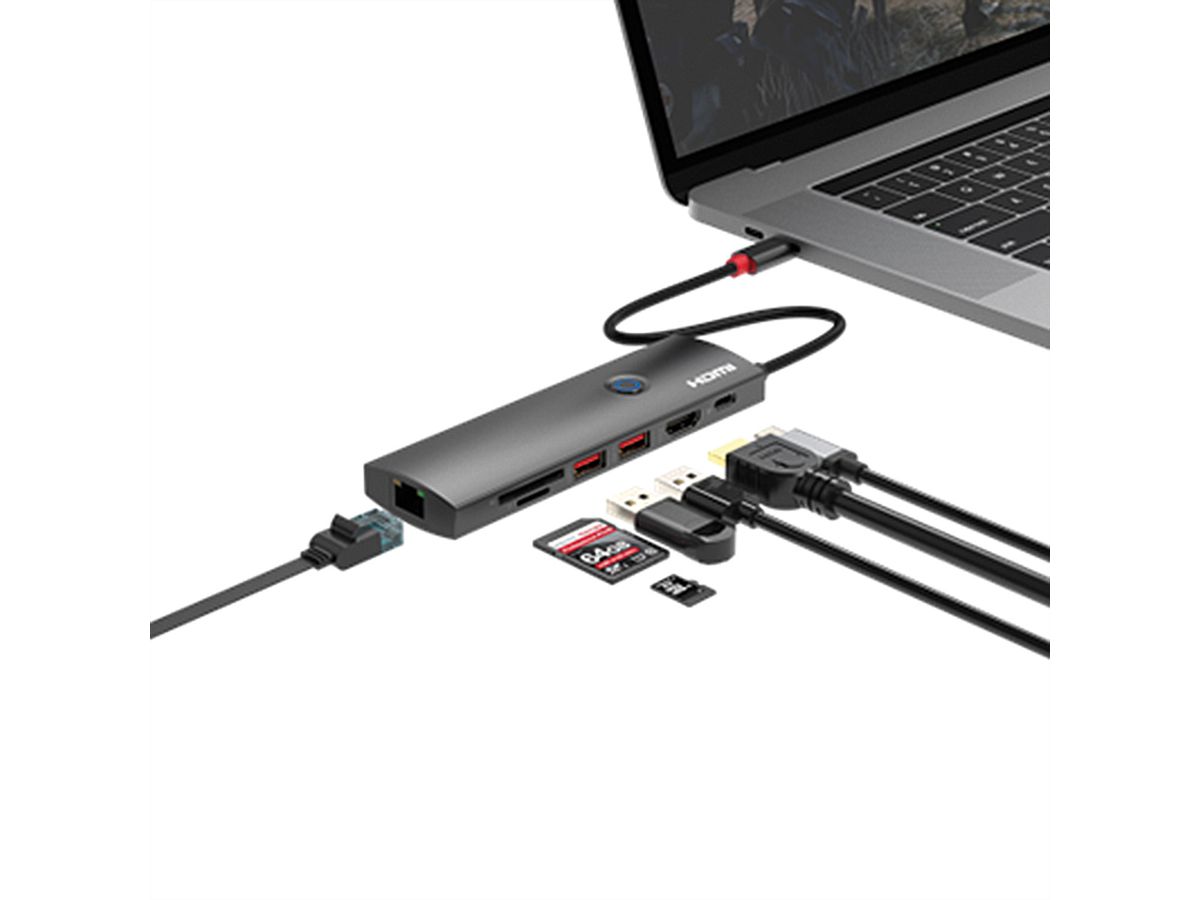 ROLINE USB 3.2 Gen2 Typ C Multiport Dockingstation, HDMI 4K60, 2x USB 3.2 Gen2, 1x USB C PD, 1x Gigabit Eth., 1x SD/microSD Card Reader