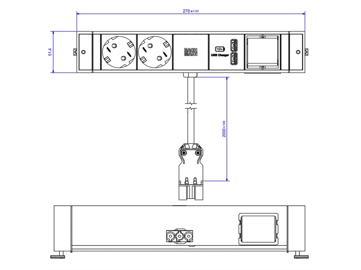 BACHMANN DESK RAIL 2x Schutzkontakt 1x USB Charger 1x ABD