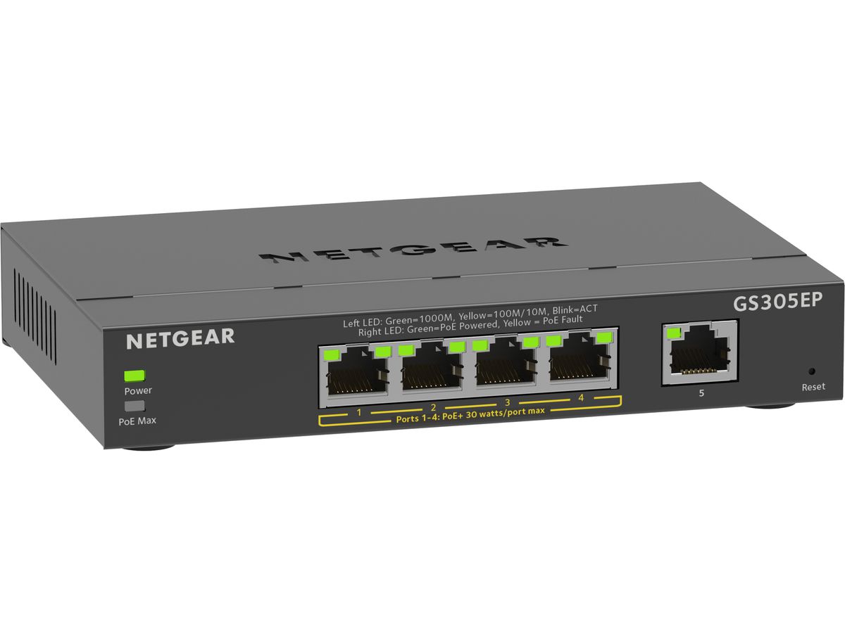 NETGEAR GS305EP Switch 5 Port Gigabit Ethernet LAN PoE Switch Plus (mit 4x PoE+ 63W, Managed Netzwerk Switch mit IGMP Snooping, QoS, VLAN, lüfterloses Metallgehäuse)