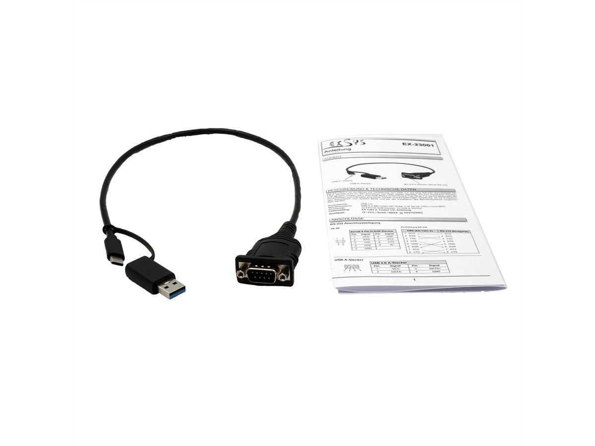 EXSYS EX-23001 USB 2.0 mit C- und A-Stecker zu 1 x Seriell RS-232 Kabel mit 9 Pin Stecker FTDI Chip-Set