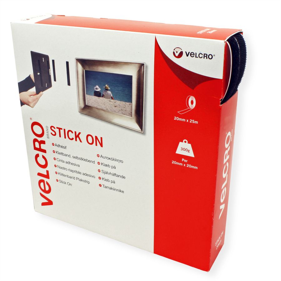 VELCRO® Klettband Selbstklebend, Haken & Flausch 20mm x 25m Schwarz