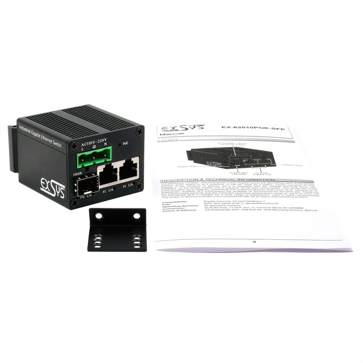 EXSYS EX-62010PoE-SFP Micro 2+1-Port PoE+Industrial Gigabit Switch
