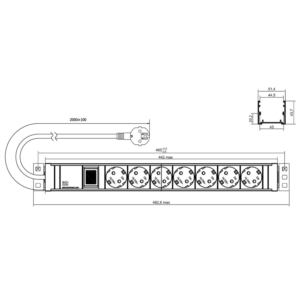 BACHMANN 19" 1,5HE 7xCEE7/3 1xSchalter Strom 2,0m CEE7/7