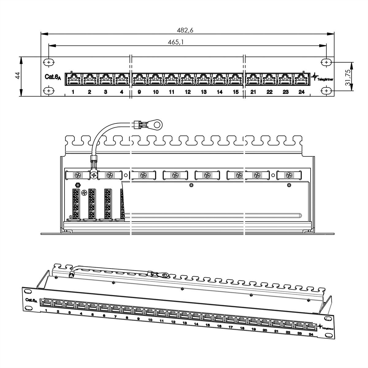 TELEGÄRTNER 19"-Verteiler MPP24 1 HE, Cat.6A (Class EA) (ISO/IEC), 24 Ports, schwarz