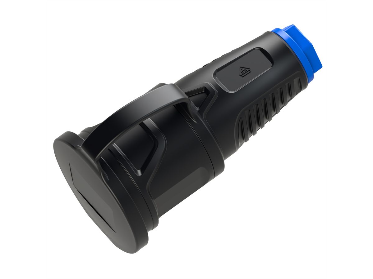 BACHMANN Schutzkontaktkupplung Vollgummi CEE7/3, Deckelband, IP54, schwarz / blau