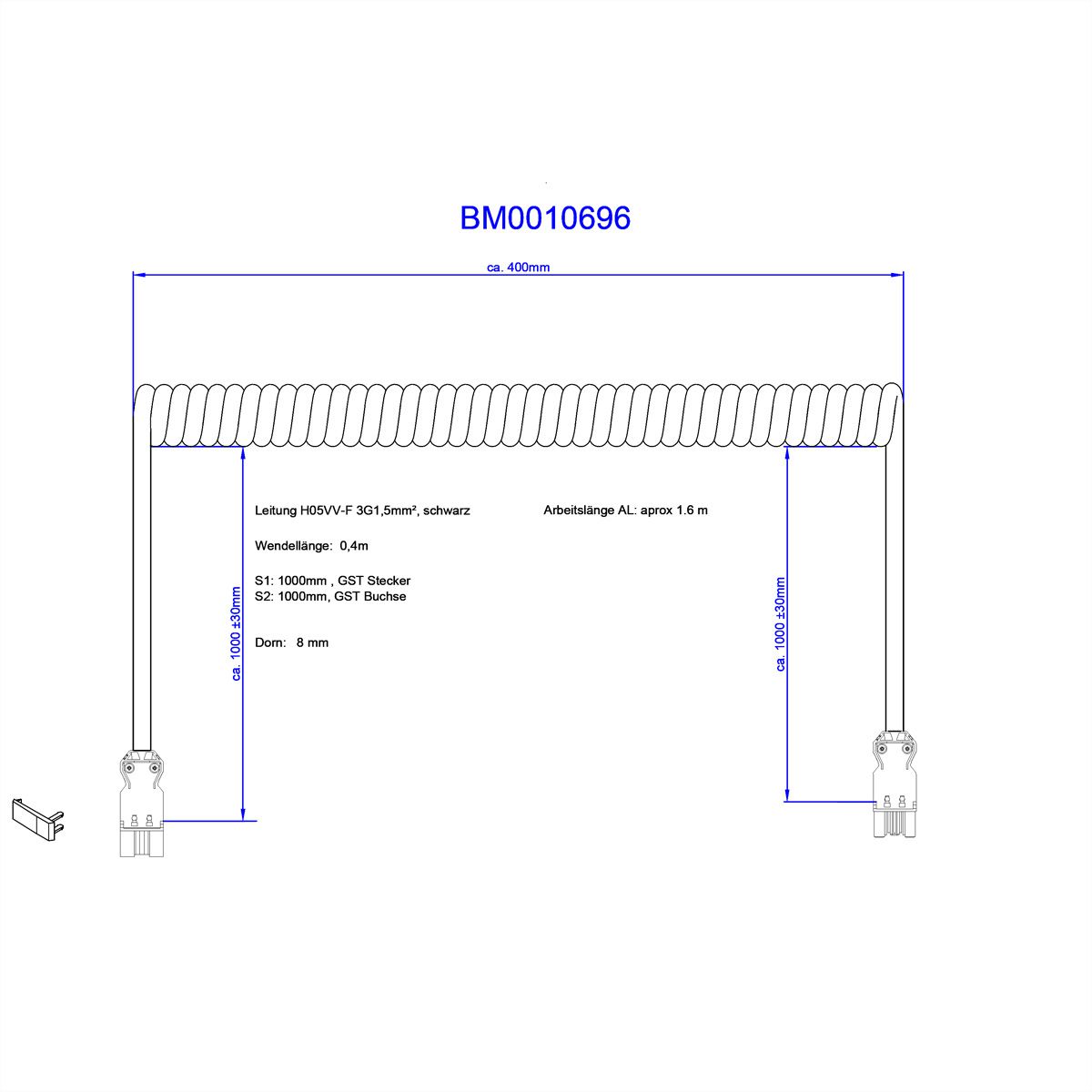 BACHMANN Spiralleitung H05VV-F3G1,5mm² sw 4,0m ISV Verriegelung
