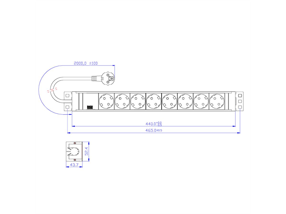 BACHMANN 19'' PVC 8x Schutzkontakt-Steckdosenleiste, 2,0m Schutzkontaktstecker