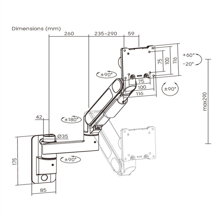 ROLINE LCD-Monitorhalterung mit Gasfeder, Wandmontage, 24-57 Zoll, bis 27 kg