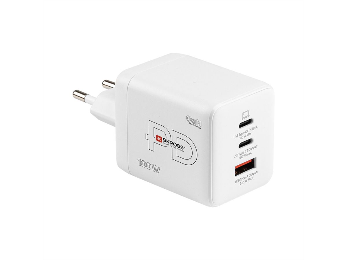 SKROSS Power Charger Combo+, 2x USB-C, 1x USB-A, GaN, 100W