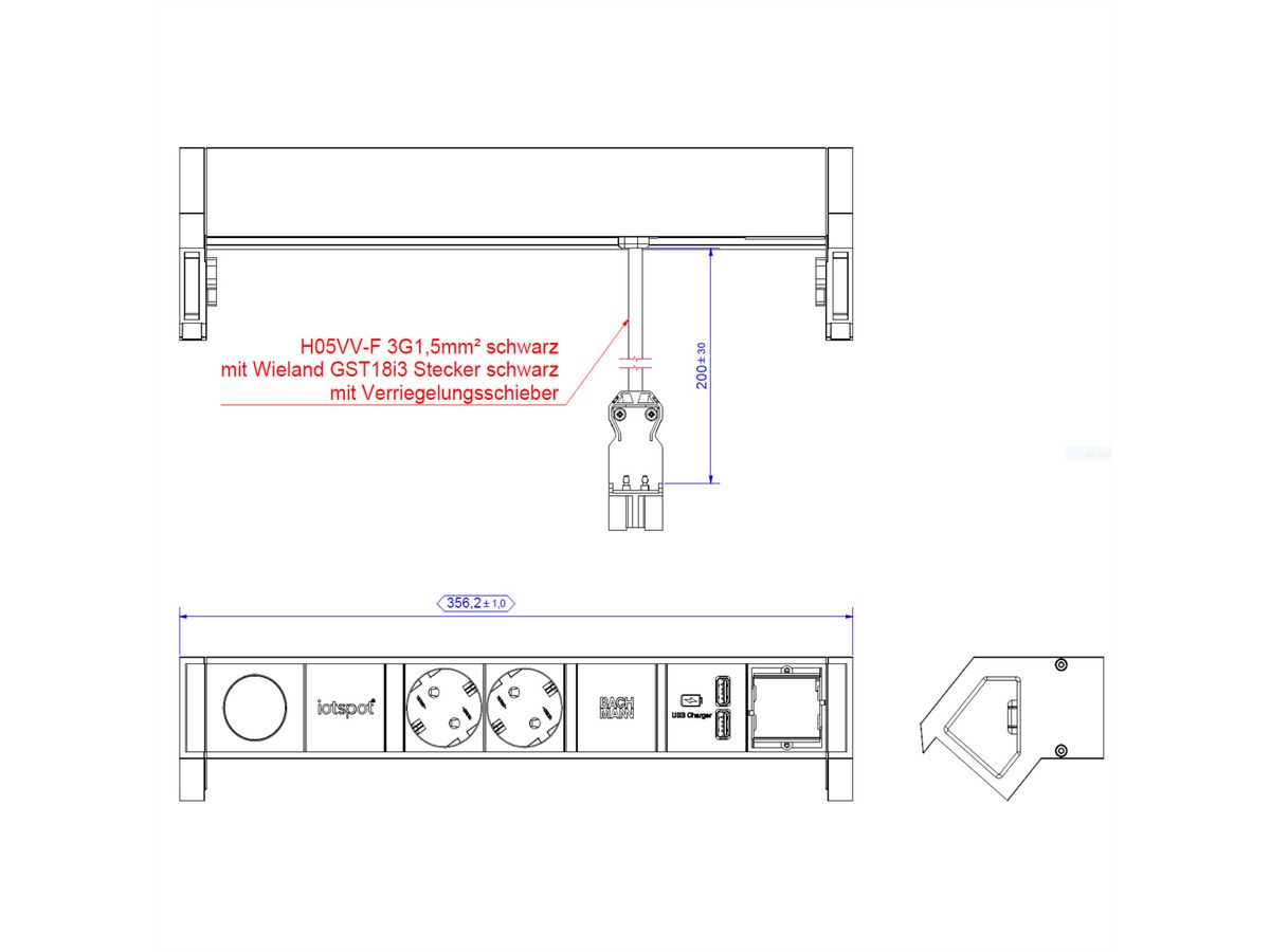 BACHMANN DESK2 1xIOTspot 2xSchutzkontakt, USB Charger 1xABD 0,2m GST18, inox