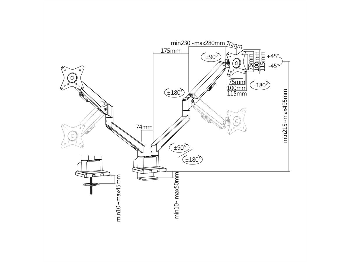 ROLINE LCD-Doppelarm, Tischmontage, Gasfeder, 5 Gelenke, bis 2x 9 kg, silberfarben