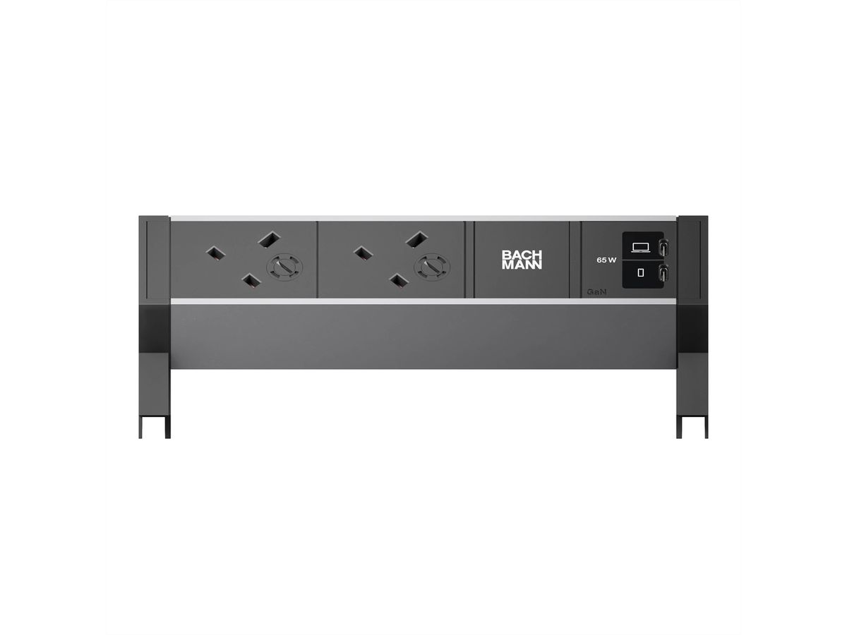 BACHMANN DESK2 ALU BLACK 2xUK, 1xUSB C/C 65W L=0,2m