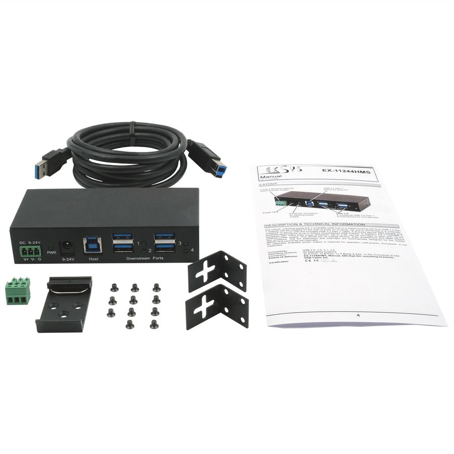 EXSYS EX-11244HMS 4 Port USB 3.2 Gen 1 HUB Din-Rail Kit und Wand VIA VL813 Chipset