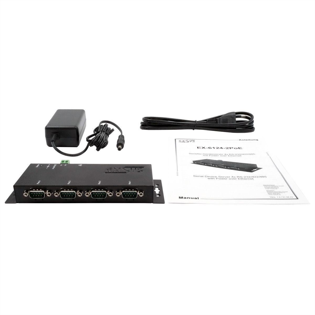 EXSYS EX-6124-2PoE Ethernet zu Seriell 4 x RS-232/422/485 mit 9 Pin Stecker PoE