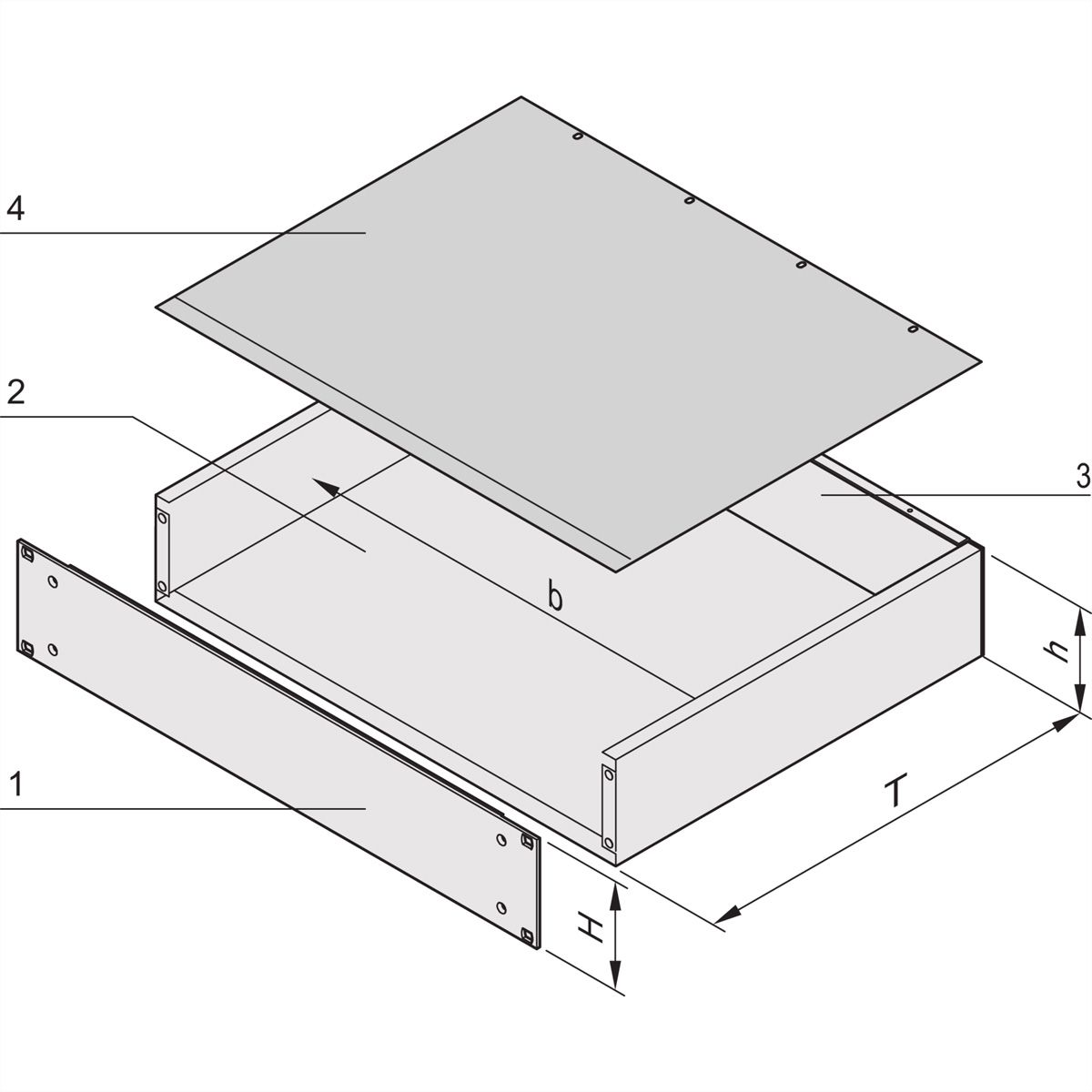 SCHROFF 19"-Kompletteinschub aus Stahlblech, Deck- und Bodenblech geschlossen - MULTIPAC 1HE 220T ALZN