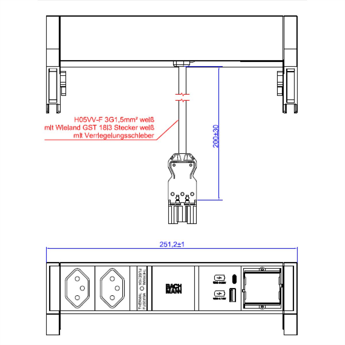 BACHMANN DESK2 white 2xCH 1xUSB A/C 22W 1xCM 0,2m GST18 RAL9010