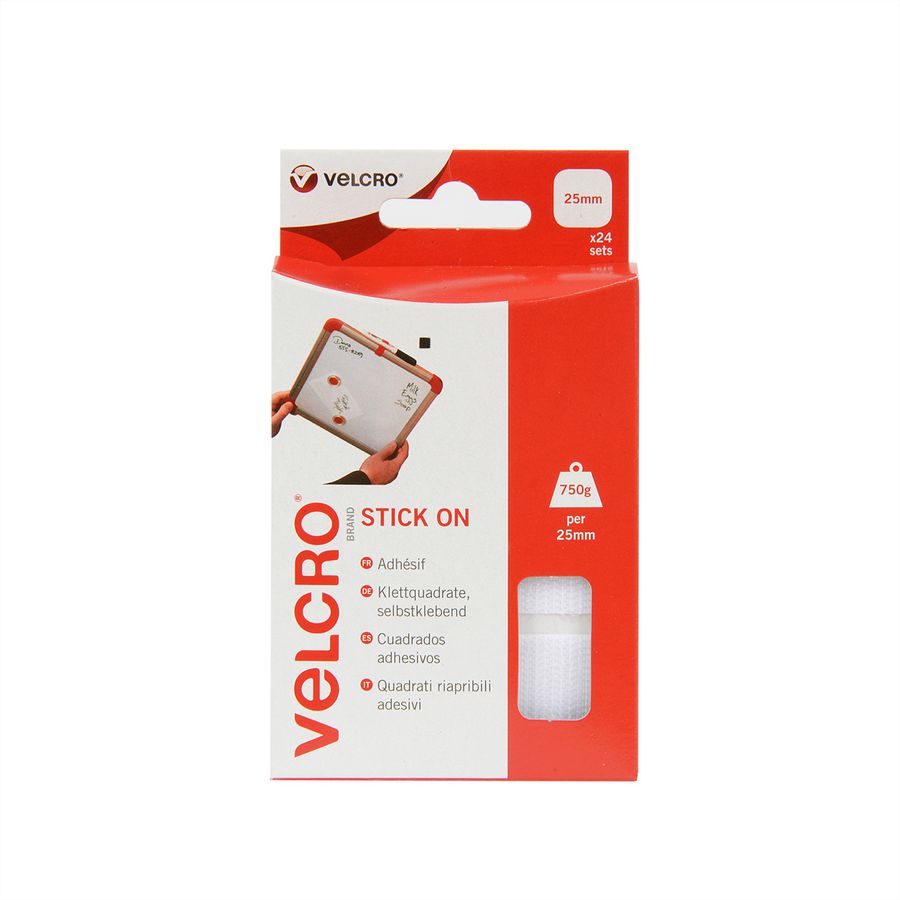 VELCRO® Klettquadrate Selbstklebend, Haken & Flausch 25mm x 25mm x 24 sets Weiß